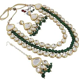 lucky jewellery Back Meenakari 18k Gold Plated Green Color Tika Earring Combo Jewellery Set Uncut Kundan Big Faux Kundan Dibbi Kundan Choker Necklace Set for Girl's & Women-picture-10