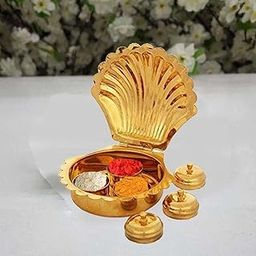 Effigy onlinehub Brass Multi-Purpose Haldi Kumkum Chawal Akshat Sindoor Box Pooja Items Storage Seap Shaped Golden Finish Box Home Temple Karanda-image-14