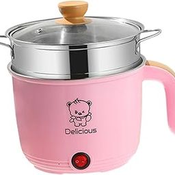 LOOM TREE Electric Hot Pot Household 1.8L Nonstick Electric Skillet for Soup Fry Pasta with Steamer Pink-image-40