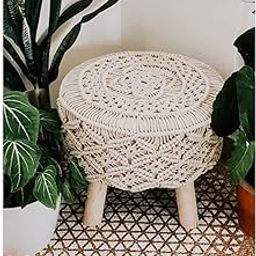 COTTONCUBE Macrame Stool 100% Cotton Seat Modern Design Round Shape Super Soft,Comfortable and Puffy Stool with 4 Wooden Legs Cream-image-29