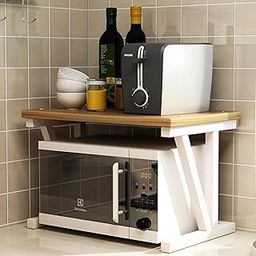 22800 V Series (2-Layer) Microwave Stand, Kitchen Platform Oven Stand Rack, Toaster Organizer with Storage Shelf Wood and Metal (Oyster Cream with White Frame)-19