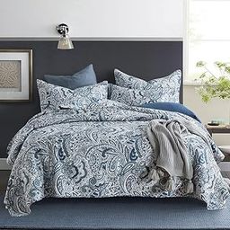 Autumn Dream Cotton Bedspread Quilt Sets, 3 Pieces Reversible Comforter Coverlet Sets,Blue Floral Paisley,Queen Size-image-85
