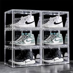 AYSIS Multipurpose 6 Pack Sneaker Containers Bins, Shoe Storage Box, Clear Plastic Stackable Shoe Organizer for Closet, Space Saving Foldable Shoe Sneaker Containers (Pack of 6, White Transparent)-8