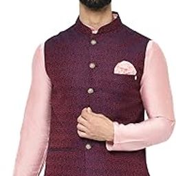 Men's Nehru Jacket, Black Jacquard, Floral Regular Fit Mandarin Collar Sleeveless-image-4