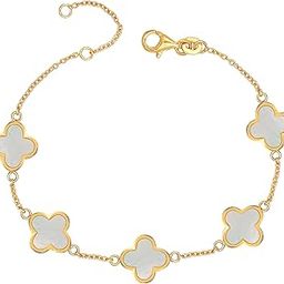 Amazon Brand - Nora Nico 925 Sterling Silver BIS Hallmarked 14K Gold Plated Mother of Pearl Clover Flower Station Cable Link Chain Bracelet for Women and Girls-image-56