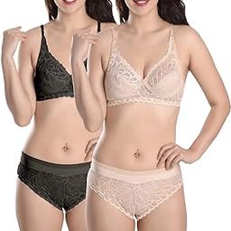 Soft Lycra Stretchable Bra Panty Set for Women, Non-Padded, Non-Wired, Seamed, Floral Print, Full Coverage, Lingerie Set, Black Beige, Cup-B, Pack of 2, Size- 36-0