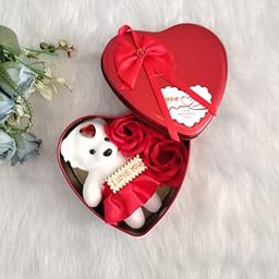 ascension Teddy and Roses in Artificial Heart Shaped Tin Box Valentine Gift Box Set with White Teddy and Red Flowers Valentine Day Teddy Day Rose Day Gift for Boyfriend Girlfriend Husband Wife-picture-19