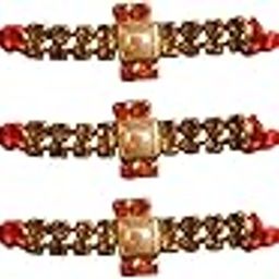 Traditional Red Thread Rakhi with Stone Embellishment – Set of 3 with Rakhi Gift Box-image-99