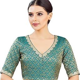 Women's Brocade Half Sleeve Embroidered V-Neck Readymade Saree Blouse-image-40