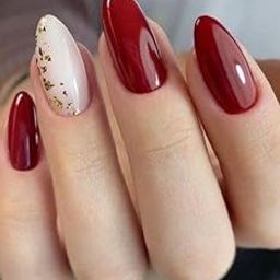 Set Of 14Pc, Press-On Maroon and White Short Almond Shaped Nails with Gold Foil, Glossy Finish, Nail Extensions With Free Glue Kit-image-25