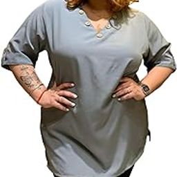 POREARMA Women Plus Size Grey Plain Top with Mandarin Collar & Three-Quarter Sleeves | Show Buttons on Chest | Party Wedding Festivals 2XL / 3XL / 4XL / 5XL / 6XL / 7XL-image-95