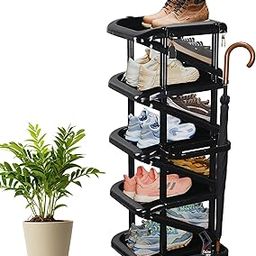 Kuber Industries Stackable 5 Tier Plastic Shoe Stand with Side Hooks | Foldable Slipper and Shoes Racks for Home and Office | Space-Saving Corner Foot Stand for Entryway | Tower - Black-image-42