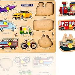 Bugbee Toys Wooden Transport Puzzle for Kids | Montessori Educational Vehicle Puzzle Board | Bright Color Jigsaw for Toddlers | Learn Cars, Trains, Planes & Boats | 28x22 cm (Transport Wooden Big)-image-97