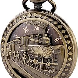 Antique Mens Pocket Watch Skeleton Mechanical Hollow Bronze Case 3D Steam Train Railroad Roman Numerals-image-38