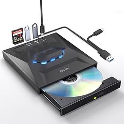 Multi-functional, External CD/DVD Drive with USB Hub, Thin and Portable for Both USB/USB-C Ports, Driver Installation, Built-in Cable, Supports CD/DVD Reading, Writing, Recording, Thin, Silent-8
