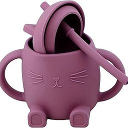 GUCHIGU Mini Cup + Straw Training System - 100% Silicone Training Cup for Infants + Toddlers | Reusable Portable Baby Sippy Drinking Cup for Kids | BPA Free | Cute Cat Shape (Grape Nectar)-image-47