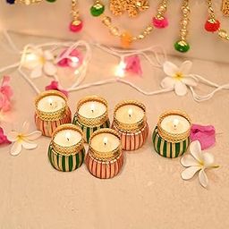 CraftVatika Designer Unique Tealight Candle Holder Stand Diwali Decoration Items Handmade T Light Diya Home Puja Decor Corporate Gifts for Deepawali Set of 6-image-57