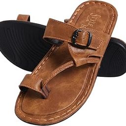 Men's Leather Toe Ring Sandals, Brown, Casual Comfort Slippers with Buckle-image-75