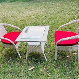TERRALUXE Designer Patio Chair Set for Garden|| Balcony|| Terrace|| Coffee|| Patio ||Wicker Seating Chair and Table Set Outdoor Furniture (D-8 OFFWHITE STR with 2 Chair 1 Table with RED Cushions)-10