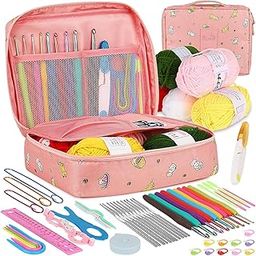 KRENZ 59 Pcs Starter Kit for Beginners Kids Crochet Kit for Beginner Adults Crochet Kit Include 5 Yarn Crochet Hooks Stitch Markers Storage Bag All in One Crochet Hook Set with Crochet Yarn-18