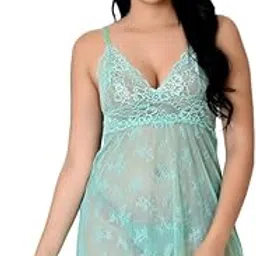 fihana Women Soft Lace Net Above Knee Babydoll Nightwear Dress with Panty S to 3XL-picture-1