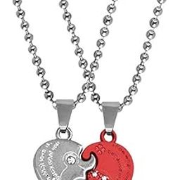 Love You Heart Engraved Heart Dual Couple Locket Blue Silver Metal Pendant Necklace Chain Set for Men and Women-picture-45