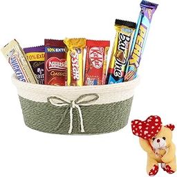 SFU E Com Tasty Almond & Premium Chocolate Hamper With Tie Basket | Valentine Heart Teddy Bear With Chocolate Combo | Valentine Chocolate Hamper | 325-18