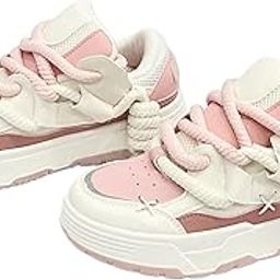 Women's Chunky Sneakers, Mid Top, White Black Navy, Casual Lace-Up with Velcro (Pink, UK Footwear Size System, Adult, Women, Numeric, Medium, 5)-image-9