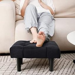 The Shine Wood Store Ottoman Footstool with Tufted Velvet, Black Wooden Legs, Living Room Footrest and Extra Seating Velvet (Black)-image-2