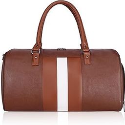 Leather Duffle Bag with White Stripe, Brown, Travel Weekender Handbag-image-97