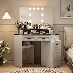 Mann Mart‚Corner Vanity Desk with Tri-Fold Mirror: Spacious Storage, Adjustable Lighting & Power Outlet for Bedroom Makeup-image-66