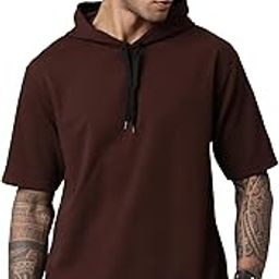 Men's Stylish Hooded Textured Half Sleeve T-Shirt (Brown)-image-1
