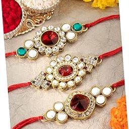 CZ Crystals & Pearl Studded Thread Rakhi for Brother Bhaiya | Raksha Bandhan Hamper with Roli Chawal & Greeting Card (Combo, Pack of 3)-image-81