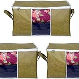 PrettyKrafts Set of 3 Non Woven Underbed Storage Bag with Handles, Clear Window & Zipper Lock | Quilt, Comforter & Blanket Cover Organiser | Foldable Cloth Storage Closet Bag (65x47x33cm, Green)-image-15