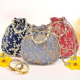 Kuber Industries Pack of 3 Potli Bags for Ladies & Girls | Shagun Pouches for Festive Seasons | Embroidery Bridal Purse -Dark Blue, Grey & Red-image-86