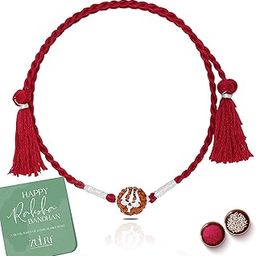 92.5 Pure Silver Panchmukhi Rudraksha with Red Thread Rakhi For Rakshabandhan | Rakhi With Fragrance Greeting Card & Roli Chawal and Silver Certificate of Authenticity-image-77