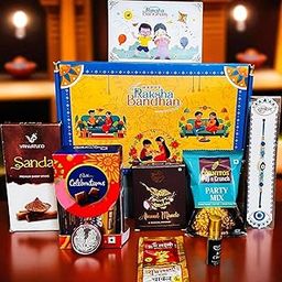 PartySutra Rakhi Gift Combo Box for Brother Bhaiya & Bhabhi-9 Inclusions + Evil Eye Rakhi Nazar Kavach|Chocolate,Millet Namkeen,Almond Bar,Incense Sticks & Stand,Perfume,Coin,Card,Roli Chawall-image-24
