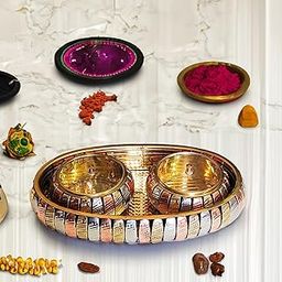 Sanskriti Decor presents-Brass -Pooja/Roli/Sindoor Dibb,i Kumkum Box, Sindoor Dani, Fancy Supari Dibbi, Earrings BoxGold chain Box (Pack of 2) /Dry fruits tray/steel and copper look-image-33