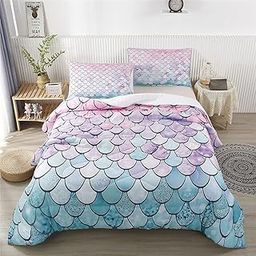RYNGHIPY 2Pcs Colorful Mermaid Scale Print Comforter Bedding Set Twin Size, Soft Microfiber Coverlet Set/Bedspread/Quilt Set with Colorful Scale Design (Mermaid,Twin)-picture-24