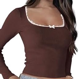 Women's Long Sleeve Ribbed Top with Lace Trim Neckline-picture-47