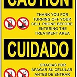 Weatherproof Plastic Vertical OSHA Caution Turn Off Phone Treatment Area Bilingual Sign with English & Spanish Text and Symbol-image-78
