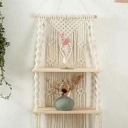 Macrame Wall Hanging Shelf Balcony Hangers |118| Pine Wooden Plank Bohemian Style Hand Cotton Cord with Set of 2 Shelves for Flower Plants |Living Room | Bathroom Beige, L 75 x 30 W-12