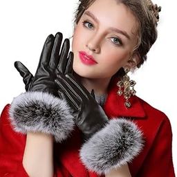 Women's Winter gloves Soft Warm Touch Screen Gloves for Cold Weather Windproof Covered Finger faux fur on the inner for cold weather Women Cute design Plush Fur Cuff Stone Crafted (Black)-image-37