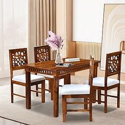 Solid Sheesham Wood CNC Design Dining Table 4 Seater Dining Table Set with 4 Cushion Chairs Dinner Table Set for Dinning Room Home Hotel and Office (Honey Finish)-12