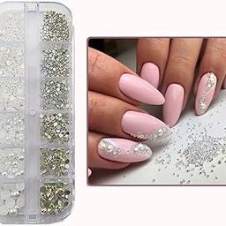 S.A.V.I 12 Grids White Flat Pearls,AB Glass Flat Crystals, Rhinestones Stones Nail Art Decorations, DIY Manicure for Women-25