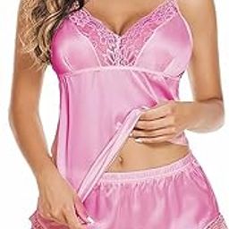 Women’s Nightwear Set – Pink Camisole & Lace-Trimmed Shorts | Luxurious Sleepwear | Adjustable Straps Lingerie Set | Soft & Silky Babydoll Nightdress (Free Size)-picture-39