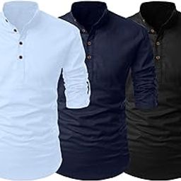 Combo of Men's Cotton Blend Solid Regular Fit Full Sleeve Straight Short Kurta Shirt, Casual and Formal Wear-image-74