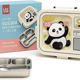 Poor Monkey Shop Kids Lunch Box | 2-Layer Stainless Steel Bento Box with Spoon | 1120ml Leak-Proof Design | BPA-Free, Durable & Safe | for School, Daycare, Travel | Fun Vibrant Color (Black Panda)-image-68
