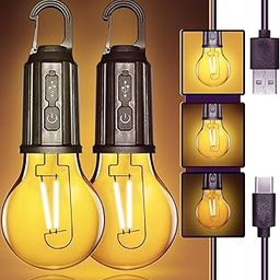 Groeien (Pack of 2) Rechargeable,Camping Gear Accessories,Vintage Light Bulbs Dimmable 3 Way LED Light Bulb Camping Lantern with Hook for Camping, Hiking, Backpacking, Emergency Outage (2, Round)-19