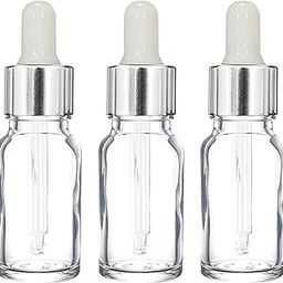 10 ML Clear/Transparent Round Empty Glass Bottle + Glass Dropper + Silver Ring + Silcon White Teat, Refillable, Leak Proof For Essential Oils, Perfumes (Pack of 12)-55